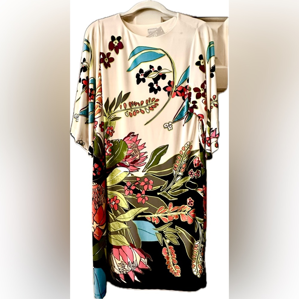 Chico's Cream Dress with Blue, Green & Black Botanical Motif